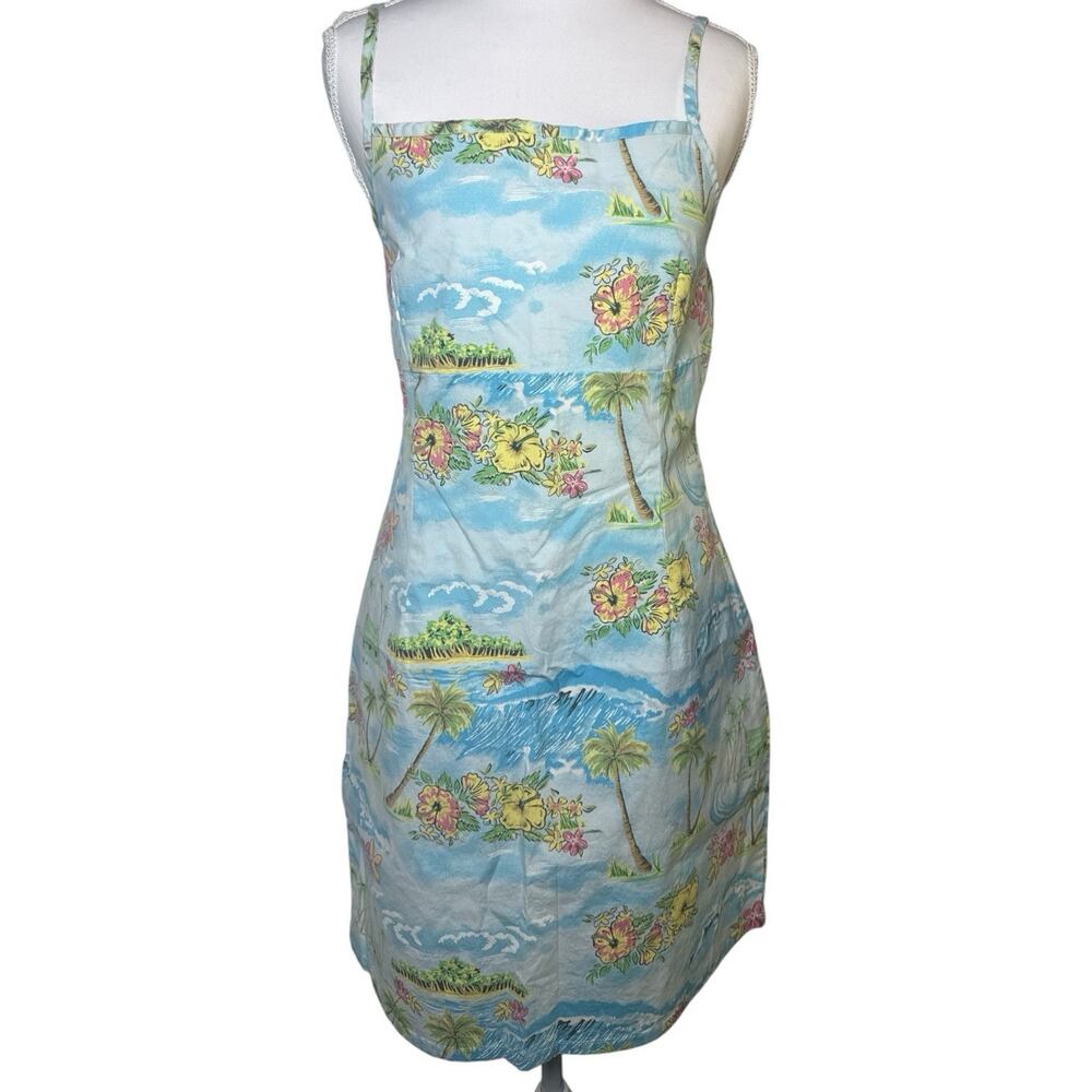 Tilt Y2K Hawaiian Luau Dress Womens L Blue Tropical Floral Palm Cotton Stretch